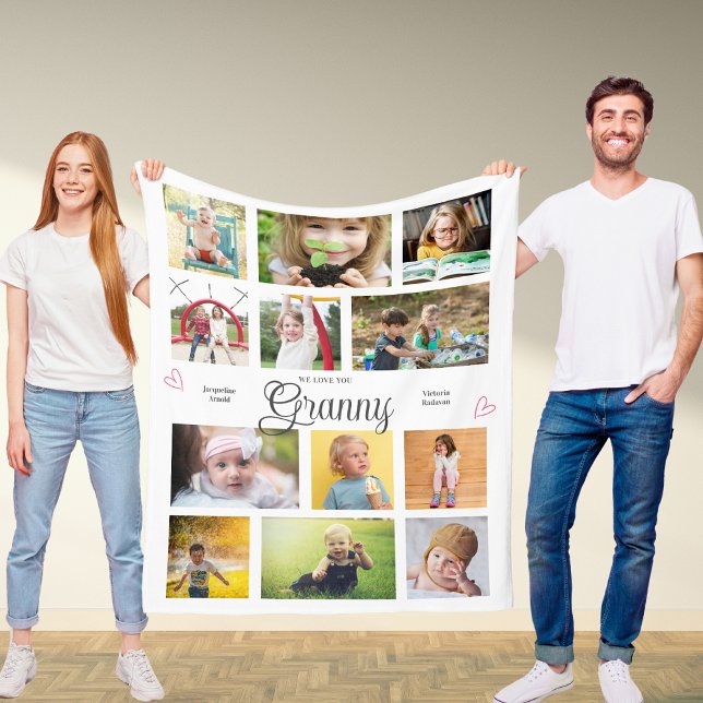Granny We Love You Personalized Hearts Modern Fleece Blanket (Granny we love you custom fleece blanket with favorite photos and personalized text.)