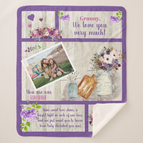 Granny We Love You Photo Floral  Wood Text Sherpa Blanket