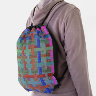 Grannys colored 'plaid' in burlap or canvas aspect drawstring bag