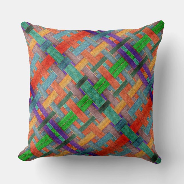 Granny's crossed reddish strips, with woven aspect throw pillow (Front)