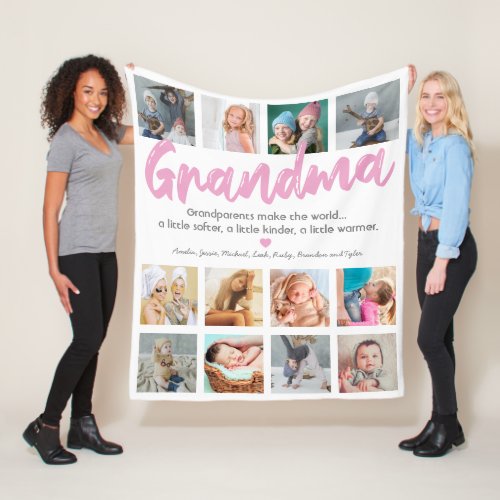 Granparent Grandma Photo & Quote Fleece Blanket - Grandmas are simply the best! Let your nana know how special they are to you with this multi photo nana blanket featuring a simple white background that can be changed to any color, 12 pictures of the grandchildren, the word "Grandma" in a pink script font, a cute love heart, and their names.