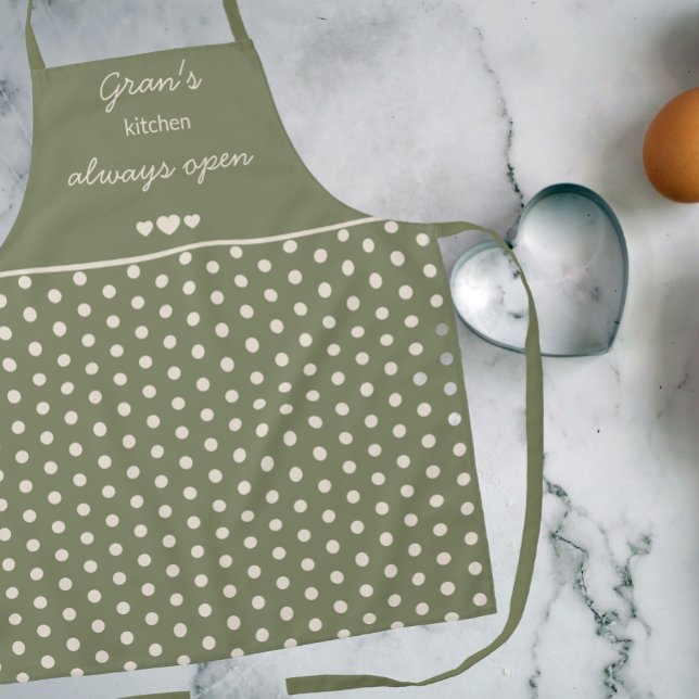 Gran's Kitchen Always Open Olive Green Polka Dot Apron (Creator Uploaded)