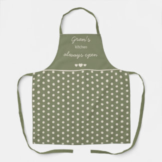 Gran's Kitchen Always Open Olive Green Polka Dot Apron