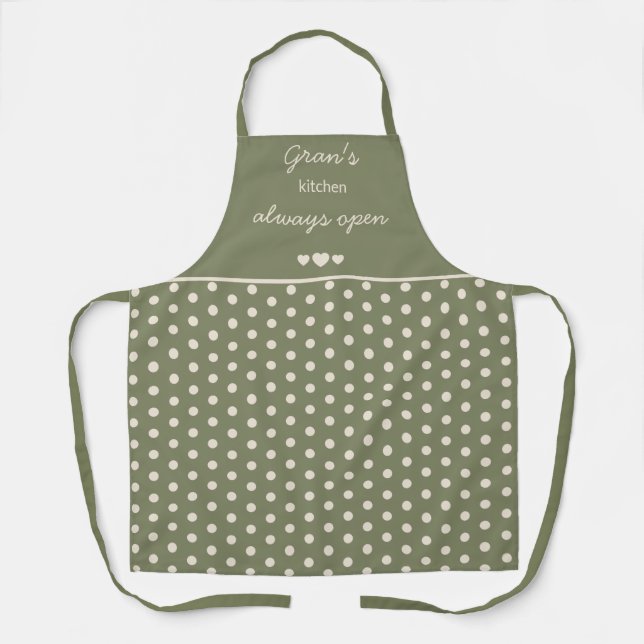 Gran's Kitchen Always Open Olive Green Polka Dot Apron (Front)