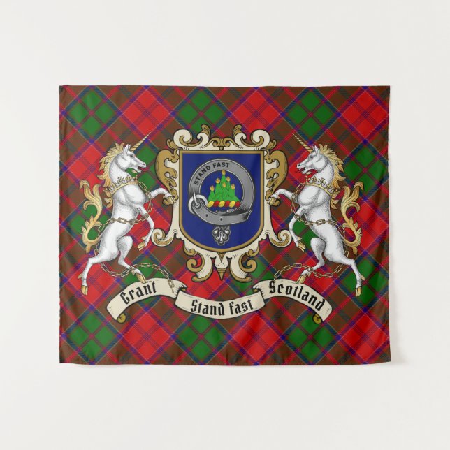 Grant Clan Badge & Unicorns w/Tartan  Tapestry (Front (Horizontal))