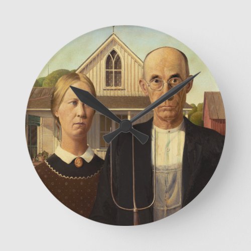 Grant Wood American Gothic Fine Art Painting Round Clock