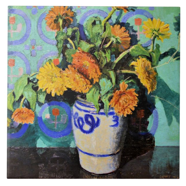 Grant Wood - Calendulas, floral painting Ceramic Tile (Front)