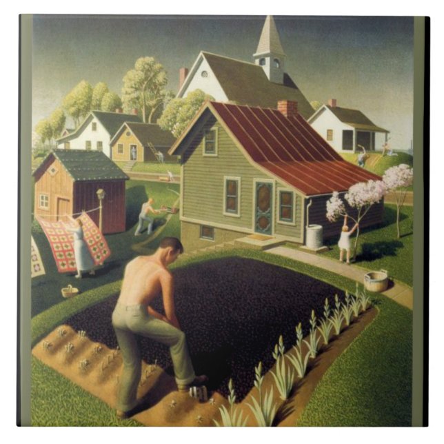 Grant Wood - Spring in Town, famous painting, Ceramic Tile (Front)