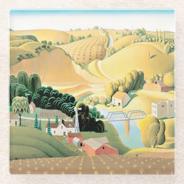 Grant Wood - Stone City, Iowa Ceramic Tile Glass Coaster (Front)