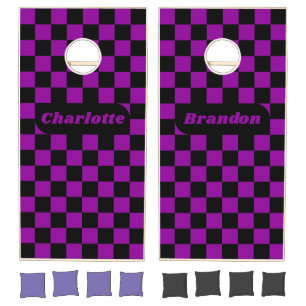 Grape & Black Checker with Names Cornhole Set