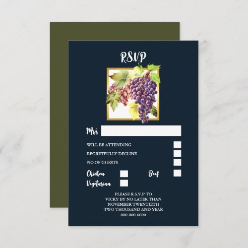 Grape bunch vine leaves blue gold winery vineyard RSVP card