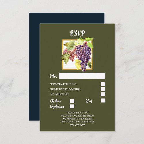 Grape bunch vine leaves green gold winery vineyard RSVP card