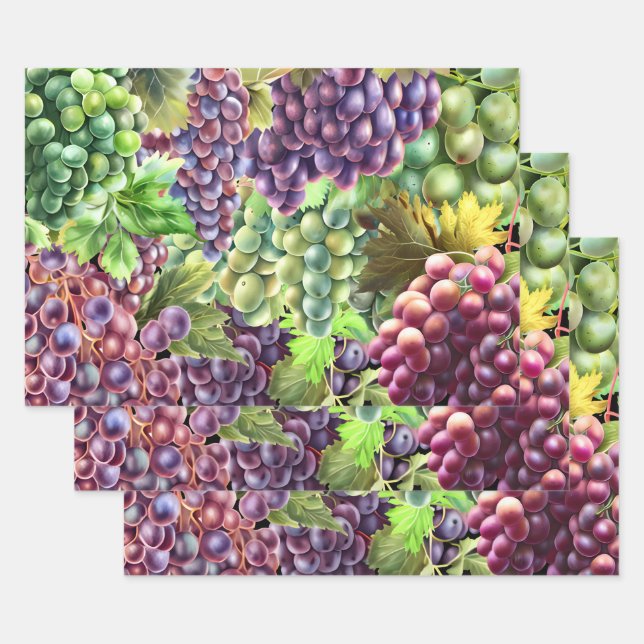 Grape bunches red green grapevine collage  wrapping paper sheets (Set)