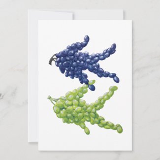 Invitation and announcement card featuring an illustration of green grapes and purple grapes walking together holding hands
