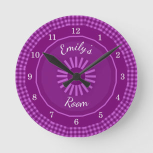Grape Gingham Checks Numbered Round Clock