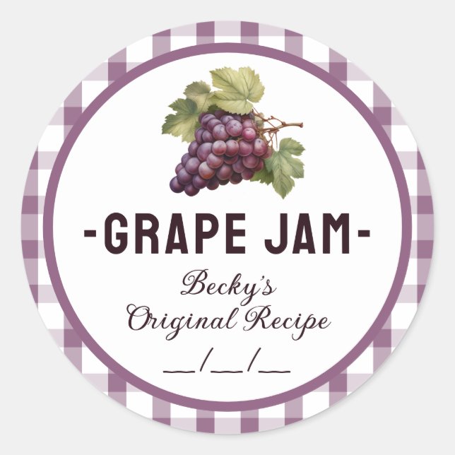 Grape jam canning label with checkered design (Front)