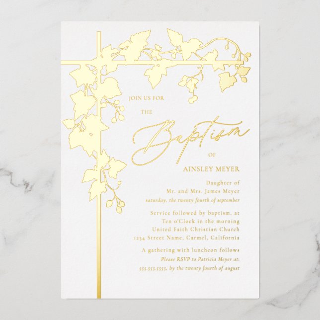 Grape Leaves Gold Botanical Baptism Foil Invitation (Front)
