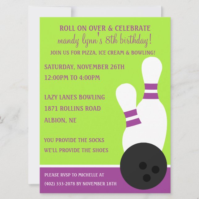 Grape/Lime Roll On Over Bowling Birthday Party Invitation (Front)