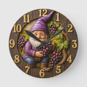 Grape-loving gnome harvest fantasy round clock