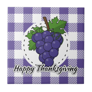 Grape on Violet Plaid - Happy Thanksgiving Ceramic Tile