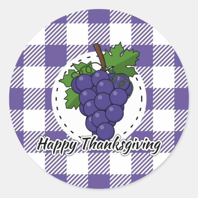 Grape on Violet Plaid - Happy Thanksgiving Classic Round Sticker (Front)