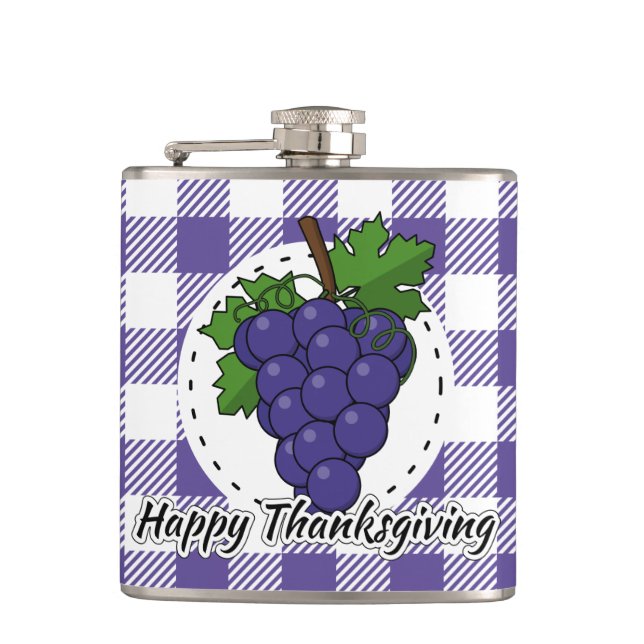 Grape on Violet Plaid - Happy Thanksgiving Flask (Front)