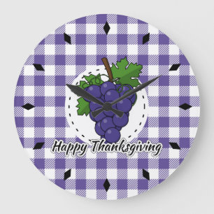 Grape on Violet Plaid - Happy Thanksgiving Large Clock