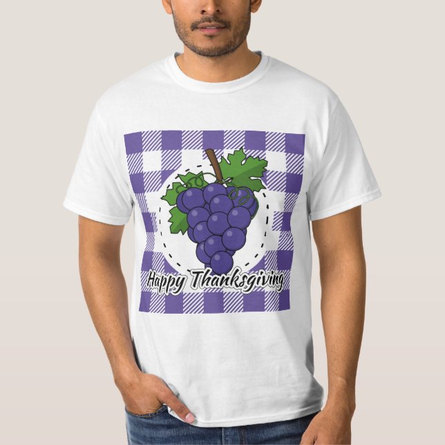 Grape on Violet Plaid - Happy Thanksgiving T-Shirt (Front)