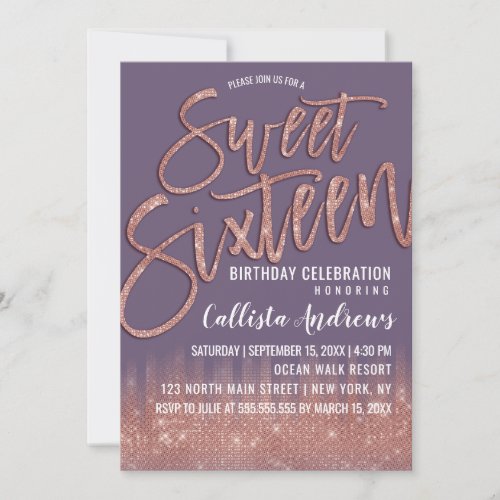 Grape Purple Rose Gold Glitter Typography Sweet 16 Invitation