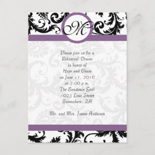 Grape Trim Black Damask Swirls Rehearsal Dinner Postcard