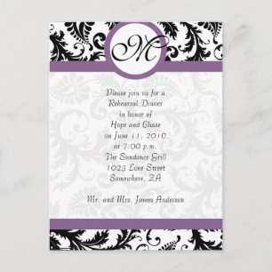 Grape Trim Black Damask Swirls Rehearsal Dinner Postcard