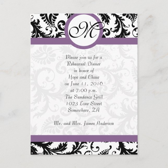 Grape Trim Black Damask Swirls Rehearsal Dinner Postcard (Front)