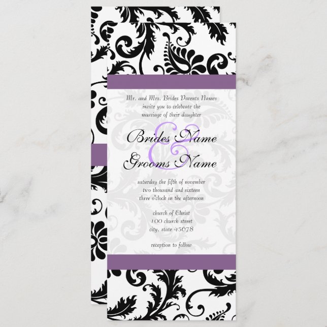 Grape Trim Black Damask Swirls Wedding Invitation (Front/Back)