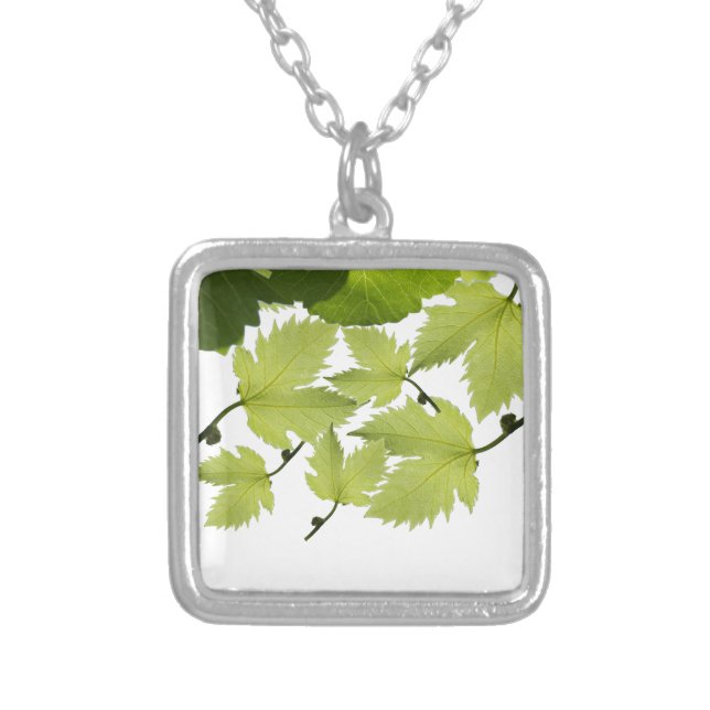 Grape Vine Green Leaves Silver Plated Necklace (Front)