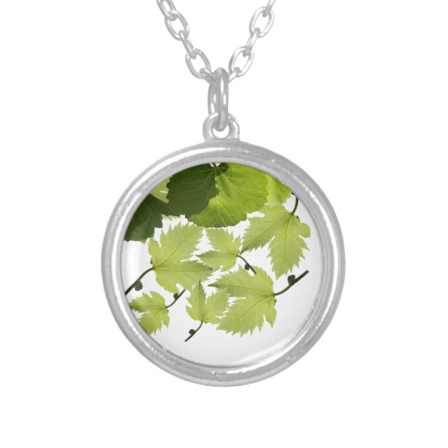 Grape Vine Green Leaves Silver Plated Necklace (Front)
