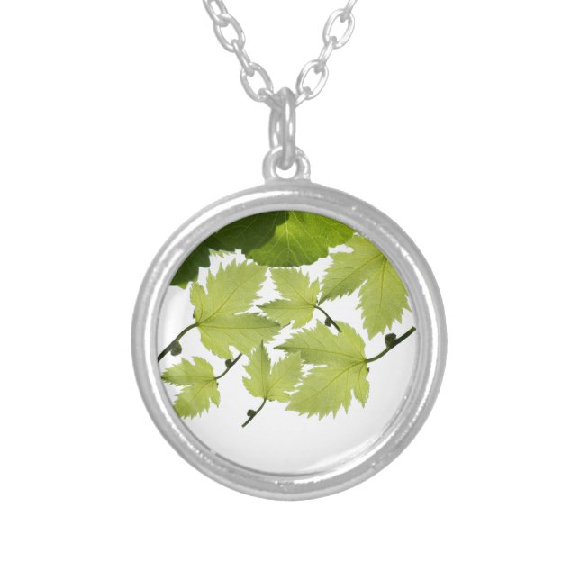 Grape Vine Green Leaves Silver Plated Necklace (Front)