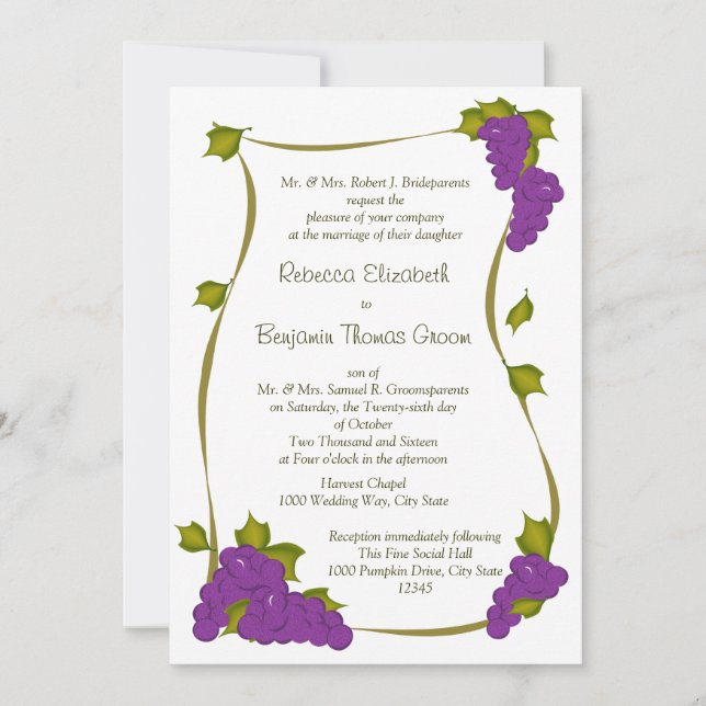 Grape Vine Harvest Wedding Invitation (Front)