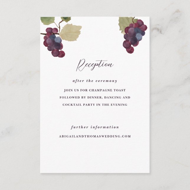 Grape Vine Winery & Vineyard Wedding Reception Enclosure Card (Front)