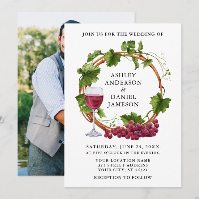Grape Vines Watercolor Wreath Photo Wedding Invitation (Front/Back)