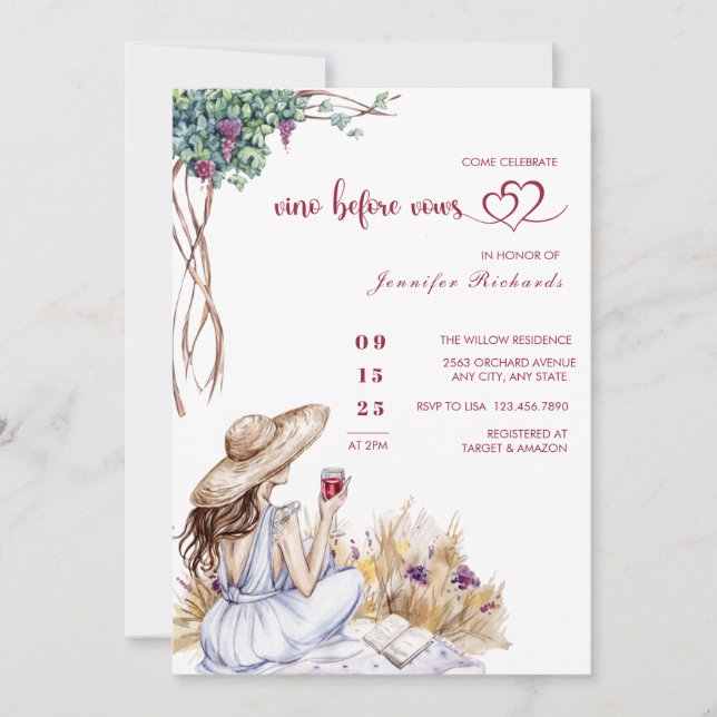 Grape | Winery | Modern Watercolor Bridal Shower Invitation (Front)