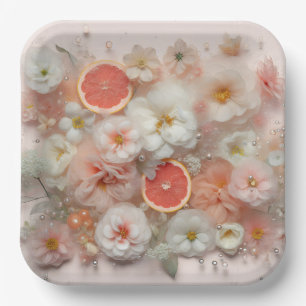 Grapefruit and Flowers Abstract Paper Plates