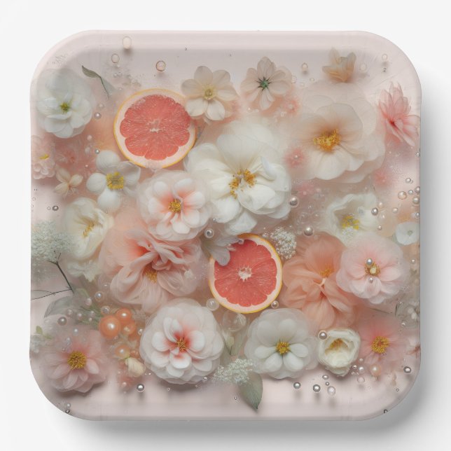 Grapefruit and Flowers Abstract Paper Plates (Front)