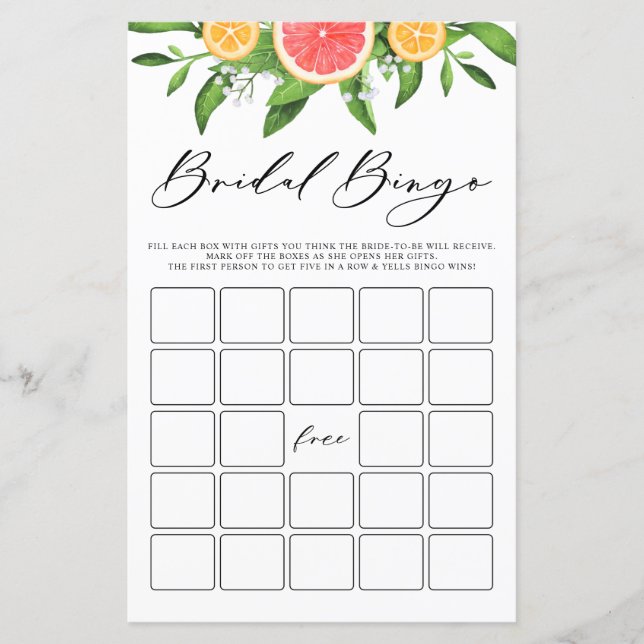 Grapefruit Bridal Bingo Summer Bridal Shower Game (Front)