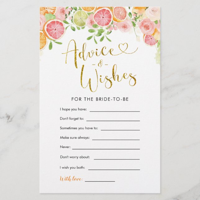 Grapefruit Citrus Bridal Shower Advice and Wishes (Front)