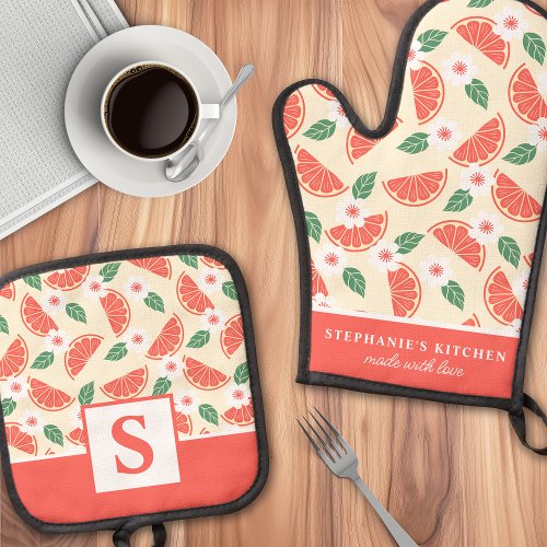 Grapefruit Citrus Floral Cute Summer Monogrammed Oven Mitt &Amp;Amp; Pot Holder Set