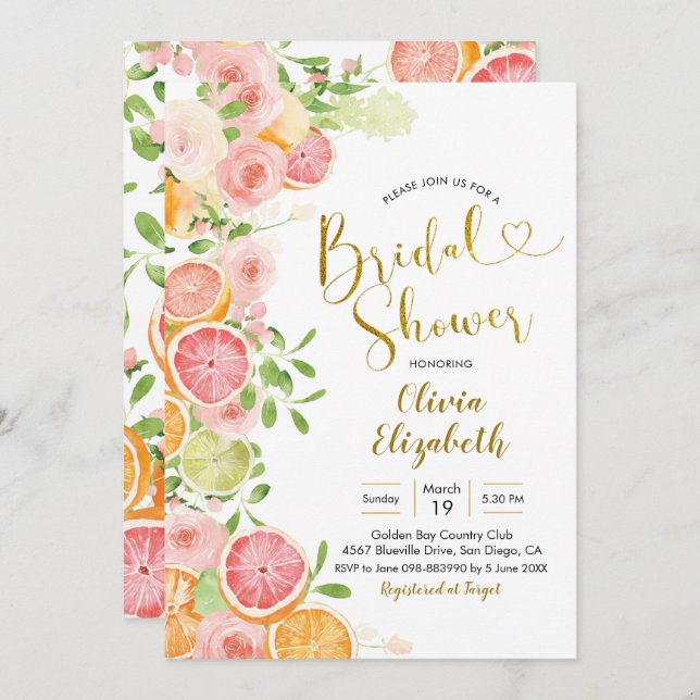Grapefruit Citrus Fruit Bridal Shower Invitation (Front/Back)