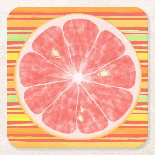 Grapefruit Citrus Slice on Stripes Square Paper Coaster