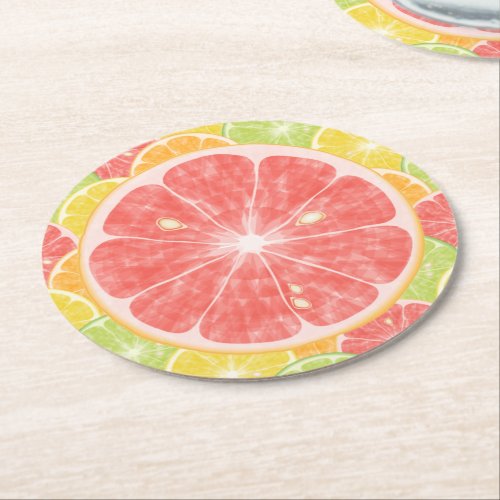 Grapefruit Citrus Slices Round Paper Coaster