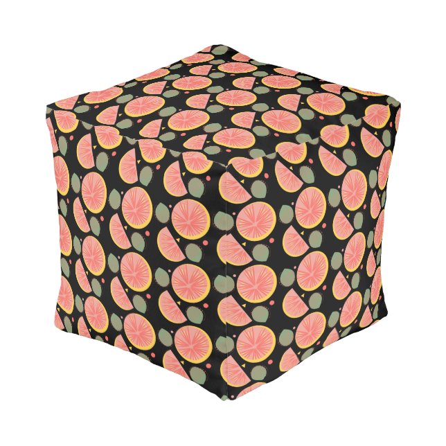 Grapefruit Garden Greenery Fruit Black  Pouf (Angled Front)