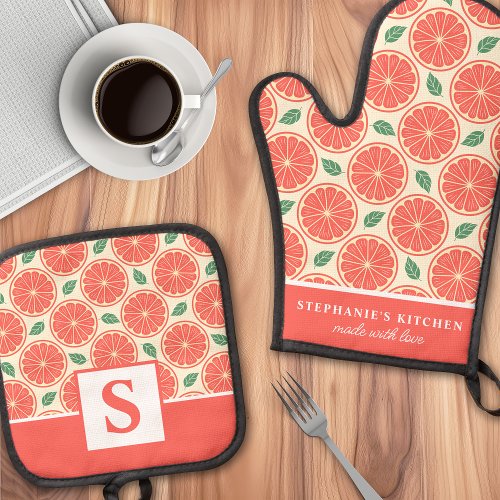 Grapefruit Slices Citrus Cute Summer Monogrammed Oven Mitt &Amp;Amp; Pot Holder Set